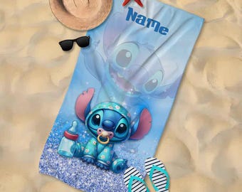 Custom Name Stitch Beach Towel, Disney Bath Towel, Pool Towel, Disneyland Gift For Kid, Kids Beach Towel, Summer Vacation