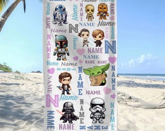 Customized Star Wars Characters Beach Towel With Name, Star Wars Bath Towel, Pool Towel, Darth Vader Gift For Kid, Kids Beach Towel