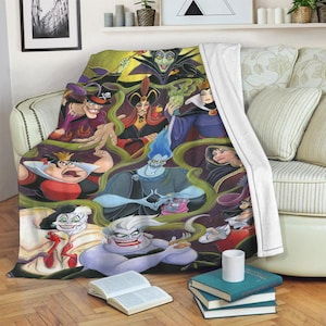 May include: A colorful fleece blanket featuring Disney villains including Maleficent, Ursula, Cruella de Vil, and more. The blanket is printed with a dark background and green vines.