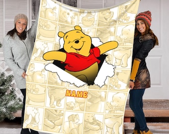 Personalized Name Pooh Bear Blanket, Pooh Fan Gift, Disney Winnie The Pooh Fleece Mink Sherpa Blanket, Magic Kingdom Blanket