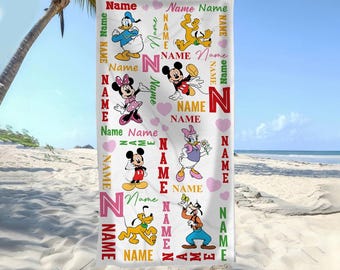 Customized Name Mickey And Friends Beach Towel, Disney Bath Towel, Pool Towel, Disneyland Gift For Kid, Kids Beach Towel, Summer Vacation