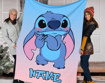 Personalized Name Disney Baby Stitch Blanket, Lilo And Stitch Movie Fleece Mink Sherpa Blanket, Magic Kingdom Blanket, Custom Name Blanket
