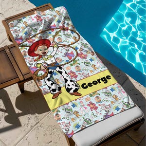 Custom Name Toy Story Jessy Beach Towel, Disney Bath Towel, Pool Towel, Disneyland Gift For Kid, Kids Beach Towel, Summer Vacation
