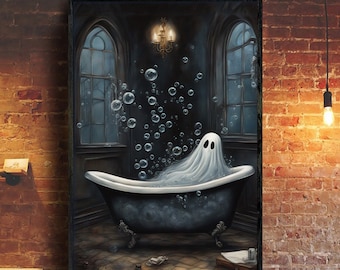 Cartel divertido de fantasma en el baño, impresión de fantasma en la bañera, arte de pared espeluznante, decoración del baño, academia oscura, decoración gótica del hogar, Cottagecore