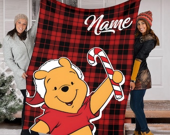 Personalized Name Pooh Blanket, Disney Winnie The Pooh Birthday Gifts, Pooh Bear Christmas, Buffalo Plaid Fleece Mink Sherpa Blanket