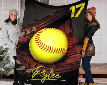 Personalized Name & Number Softball Blanket, Softball Throw Blanket, Softball Player Gift, Softball Team Gift