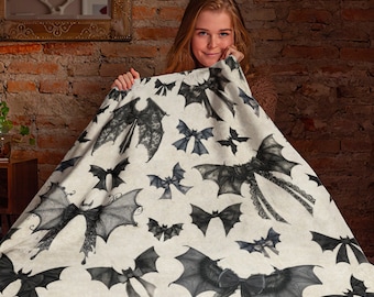 Coquette Bow Bat Blanket, Halloween Bats Blanket, Bat Lovers Gift, Spooky Bat Throw, Gothic Home Decor, Custom Name Blanket