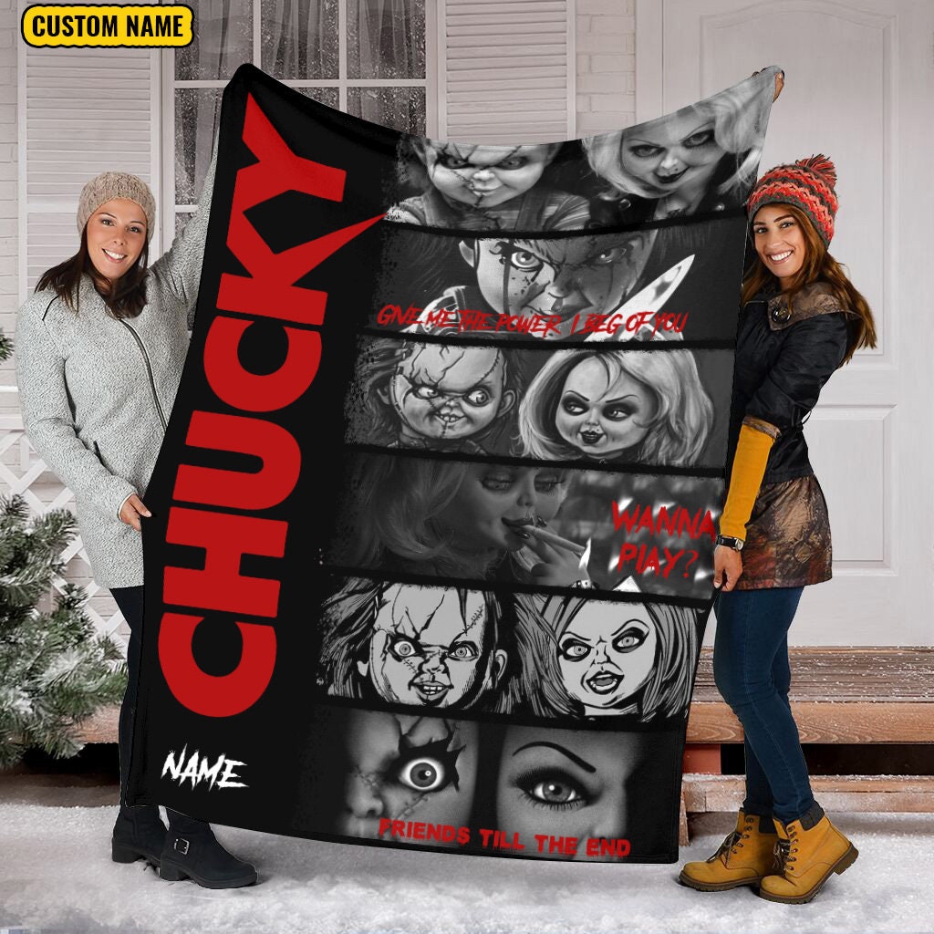 Custom Name Horror Chucky And Tiffany Blanket, Horror Characters Fleece Mink Sherpa Blanket, Serial Killers Blanket, Horror Movies Blanket