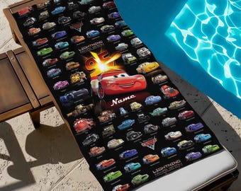 Personalized Name Disney Cars Characters Beach Towel, Lightning McQueen Bath Towel, Pool Towel, Gift For Kid, Kids Beach Towel, Summer Gift