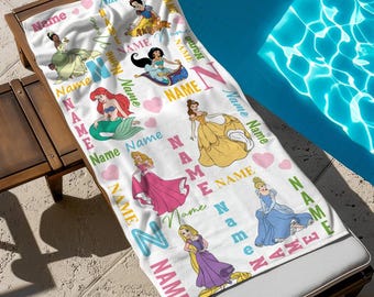 Custom Name Disney Princess Beach Towel, Princess Bath Towel, Pool Towel, Disneyland Gift For Kid, Kids Beach Towel