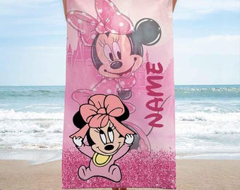 Customized Name Baby Minnie Mouse Beach Towel, Disney Minnie Bath Towel, Pool Towel, Disneyland Gift For Kid, Kids Beach Towel, Summer Gift