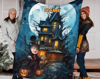 Custom Baby Photo Mickey Mouse Blanket, Witch Mickey Blanket, Halloween Fleece Mink Sherpa Blanket, Magic Kingdom Blanket, Halloween Castle