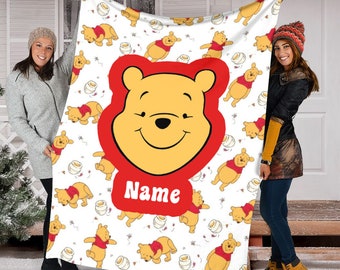 Personalized Name Pooh Bear Blanket, Disney Winnie The Pooh Fleece Mink Sherpa Blanket, Pooh Fan Gift, Baby Throw Blanket