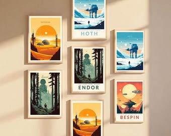 Póster retro de Star Endor Tatooine Hoth Bespin, arte mural de la galaxia de Disney Star Wars, decoración del hogar, decoración de la sala de estar