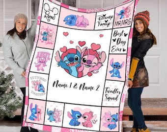 Custom Couple Name Stitch & Angel Blanket, Disney Lilo And Stitch Blanket, Disney Couple Blanket, Valentine Gift For Boyfriend Girlfriend