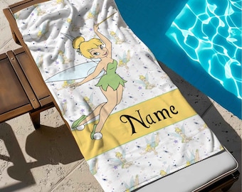 Custom Name Tinkerbell Beach Towel, Princess Tinkerbell Bath Towel, Pool Towel, Disneyland Gift For Kid, Kids Beach Towel, Summer Vacation