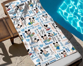 Custom Name Mickey Mouse Baby Beach Towel, Mickey Bath Towel, Pool Towel, Disneyland Gift For Kid, Kids Beach Towel, Summer Vacation