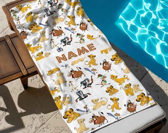 Personalized Name Lion King Characters Beach Towel, Disney Bath Towel, Pool Towel, Gift For Kid, Kids Beach Towel, Summer Vacation