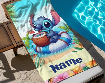 Custom Name Ohana Stitch Beach Towel, Disney Bath Towel, Pool Towel, Disneyland Gift For Kid, Kids Beach Towel, Summer Vacation