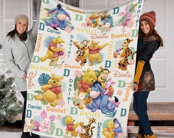 Custom Name Winnie the Pooh  Summer Blanket, Personalized Pooh And Friends Blanket, Piglet Tigger, Disney Fleece Mink Sherpa Blanket