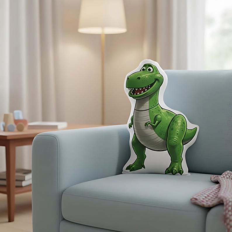 May include: A green dinosaur-shaped pillow with a smiling expression rests on a light blue sofa. The pillow features a cartoon-style design with a white background and a detailed illustration of the dinosaur's features.