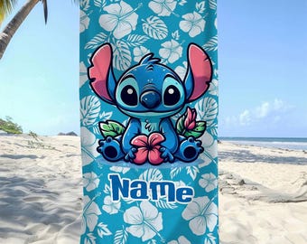 Custom Name Stitch Tropical Beach Towel, Disney Bath Towel, Pool Towel, Disneyland Gift For Kid, Kids Beach Towel, Summer Vacation