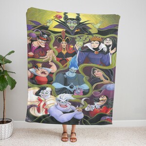 May include: A colorful illustration of Disney villains, including Maleficent, Ursula, Cruella de Vil, and Captain Hook. The villains are depicted in their iconic costumes and poses, with a dark and whimsical background.