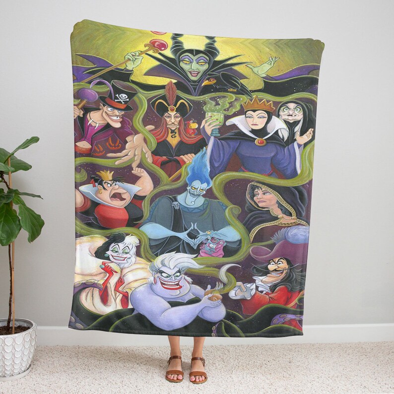 May include: A colorful illustration of Disney villains, including Maleficent, Ursula, Cruella de Vil, and Captain Hook. The villains are depicted in their iconic costumes and poses, with a dark and whimsical background.