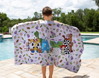 Customized Letter Name Toy Story Characters Beach Towel, Disney Bath Towel, Pool Towel, Disneyland Gift For Kid, Kids Beach Towel