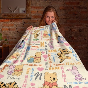Personalized Name Winnie the Pooh Baby Blanket, Pooh And Friends - Piglet Tigger Eeyore Blanket, Disney Fleece Mink Sherpa Blanket