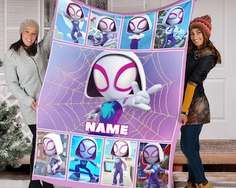 Personalized Name Spider Gwen Blanket , Spidey and His Amazing Friends Blanket, Spiderman Blanket, Cartoon Spidey Fleece Mink Sherpa Blanket