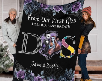 Manta personalizada con nombre de Jack y Sally, manta de pareja de pesadillas, manta de Pesadilla antes de Navidad, regalo de aniversario, manta de pareja de Halloween