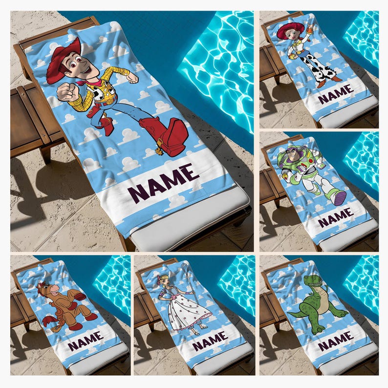 May include: Six beach towels featuring characters from the animated film series. Each towel has a blue sky and cloud background, with a character image and the word "NAME" in a white rectangle.