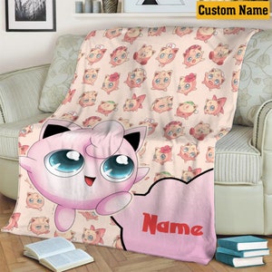 Personalized Name Jigglypuff Blanket, PKM Jigglypuff Fleece Mink Sherpa Blanket, Cartoon Anime Blanket, Custom Name Blanket