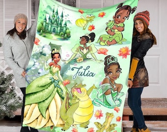 Custom Name Tiana Princess Blanket, Disney Tiana Blanket, The Princess And The Frog Fleece Mink Sherpa Blanket, Birthday Girl Gift