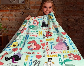 Personalized Name The Little Mermaid Blanket, Princess Ariel Blanket, Disney Fleece Mink Sherpa Blanket, Birthday Gift, Baby Throw Blanket