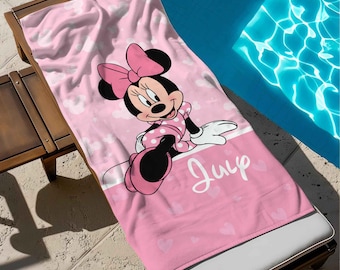 Customized Name Minnie Mouse Beach Towel, Disney Minnie Bath Towel, Pool Towel, Disneyland Gift For Kid, Kids Beach Towel, Summer Vacation