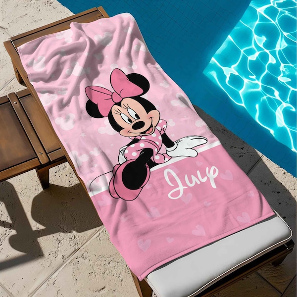 Customized Name Minnie Mouse Beach Towel, Disney Minnie Bath Towel, Pool Towel, Disneyland Gift For Kid, Kids Beach Towel, Summer Vacation