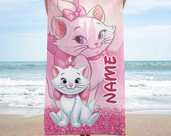 Custom Name Marie Cat Beach Towel, Aristocats Characters Bath Towel, Pool Towel, Disneyland Gift For Kid, Kids Beach Towel, Summer Vacation