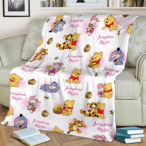 Custom Name Winnie the Pooh Blanket, Pooh and Friends Fleece Mink Sherpa Blanket, Custom Name Blanket, Birthday Gifts