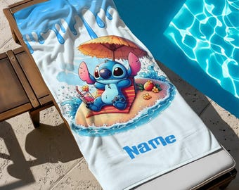 Custom Name Stitch Relax Beach Towel, Disney Bath Towel, Pool Towel, Disneyland Gift For Kid, Kids Beach Towel, Summer Vacation
