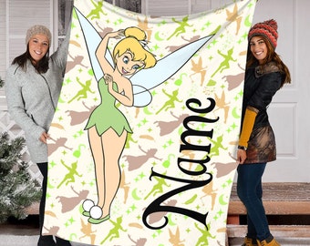 Personalized Name Disney Tinker Bell Blanket , Magic Kingdom Fleece Mink Sherpa Blanket, Personalized Name Blanket, Gift For Fans