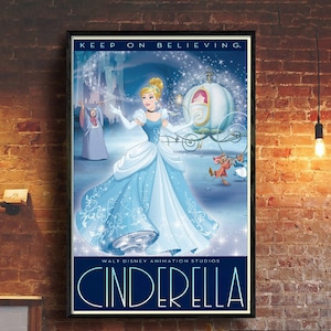 Prinses Assepoester poster, citaat blijf geloven, vintage Assepoester filmposter, Disney filmposter klassieker, Walt Disney poster