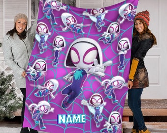 Personalized Name Spider Gwen Blanket, Spidey and His Amazing Friends Blanket, Spiderman Blanket, Cartoon Spidey Fleece Mink Sherpa Blanket