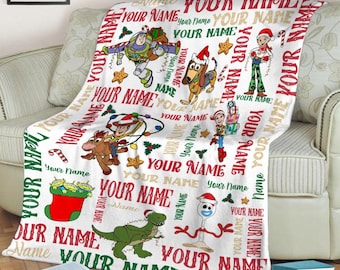 Custom Name Christmas Disney Toy Story Blanket, Toy Story Characters Blanket, Woody, Jessie, Buzz Lightyear, Rex, Slinky, Christmas Blanket