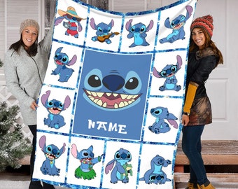 Personalized Name Disney Stitch Blanket, Lilo And Stitch Fleece Mink Sherpa Blanket, Magic Kingdom Blanket, Custom Name Blanket