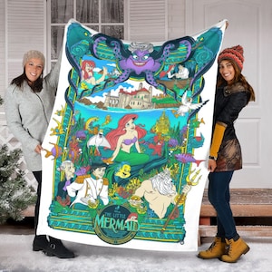 May include: A white fleece blanket featuring a colorful graphic print of The Little Mermaid characters including Ariel, King Triton, Prince Eric, and Ursula. The design includes an underwater scene with a castle, sea creatures, and the movie title.