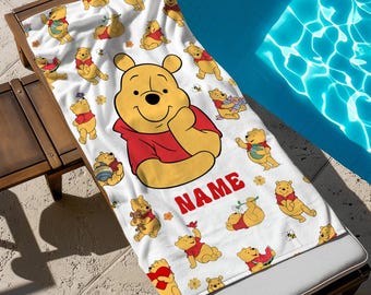 Personalized Winnie The Pooh Beach Towel, Custom Name Bath Towel, Pool Towel, Disneyland Gift For Kid, Kids Beach Towel, Summer Vacation