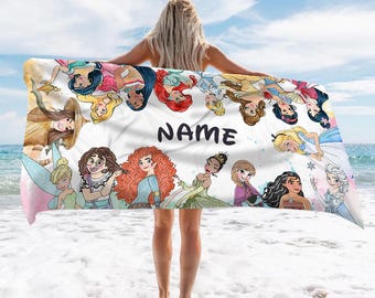 Custom Name Disney Princess Watercolor Beach Towel, Princess Bath Towel, Pool Towel, Disneyland Gift For Kid, Kids Beach Towel