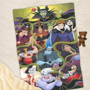 May include: A colorful illustration of Disney villains, including Maleficent, Ursula, Cruella de Vil, Captain Hook, and more. The villains are depicted in their iconic poses and costumes, with a dark and whimsical background.